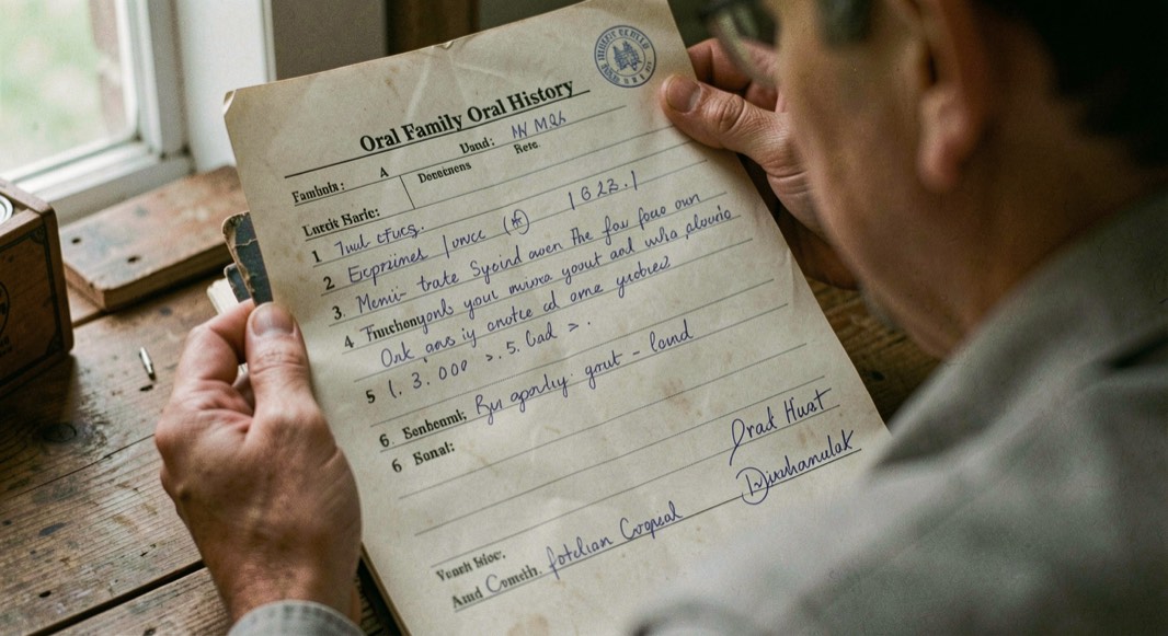 Detail from local archives across generations with notes and material in view
